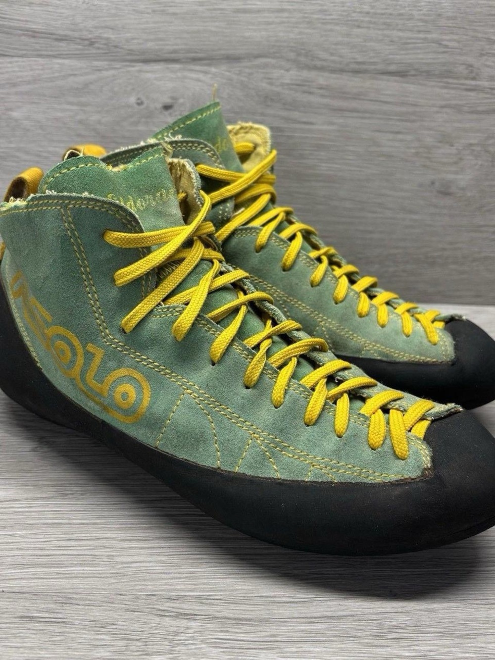 Asolo Green Suede Climbing Shoes with Yellow Laces